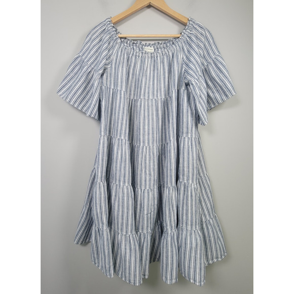 Max Studio Babydoll Dress XL Striped Linen Blend Flutter Sleeve Tiered Blue - Picture 1 of 8